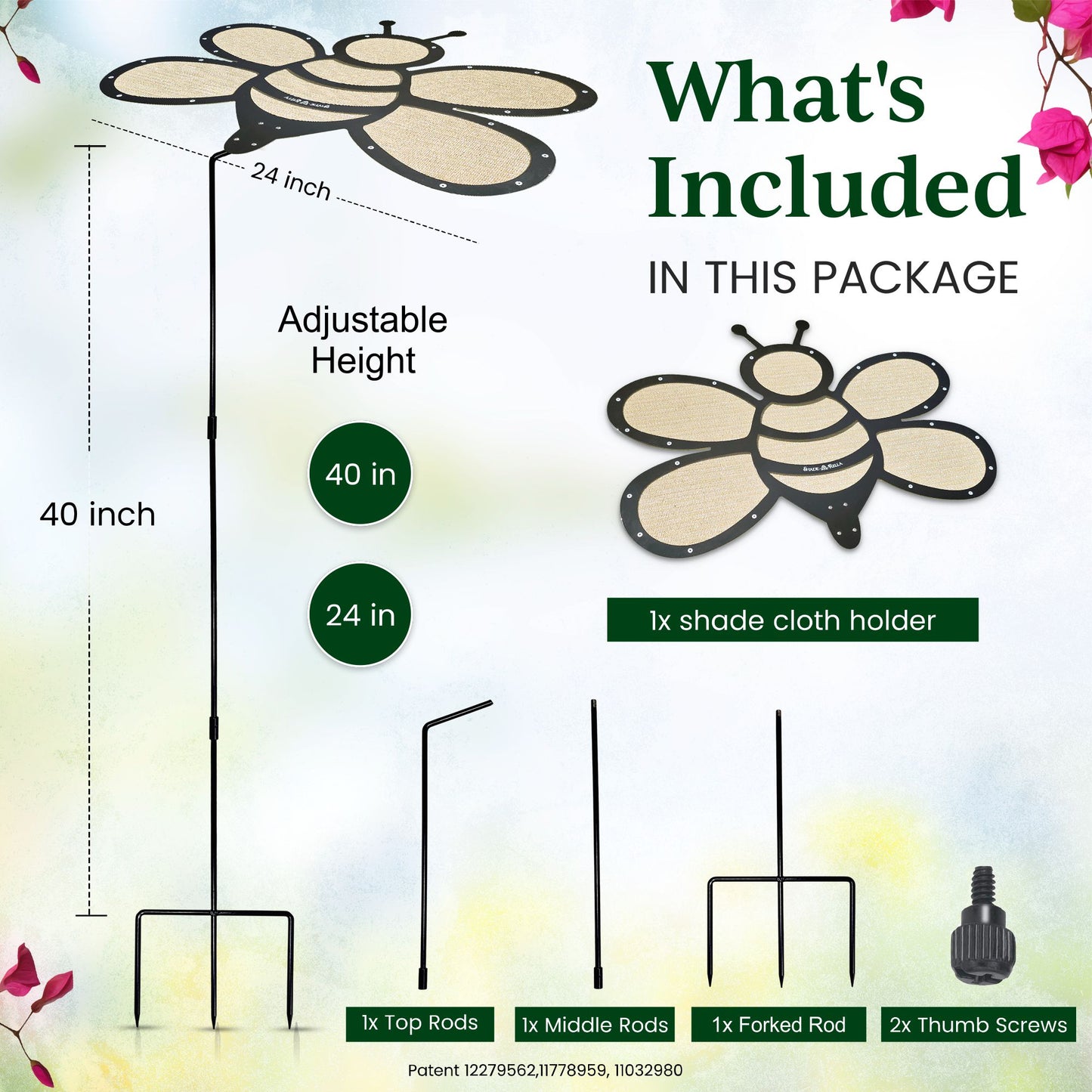 The Shade-A-Rella Super Sale! 24 inch Bee features a black frame, light yellow 90% shade cloth, and adjustable height. Includes 1 top rod, 1 middle rod, 1 forked rod, 2 thumb screws, and a bee-shaped shade cloth holder.