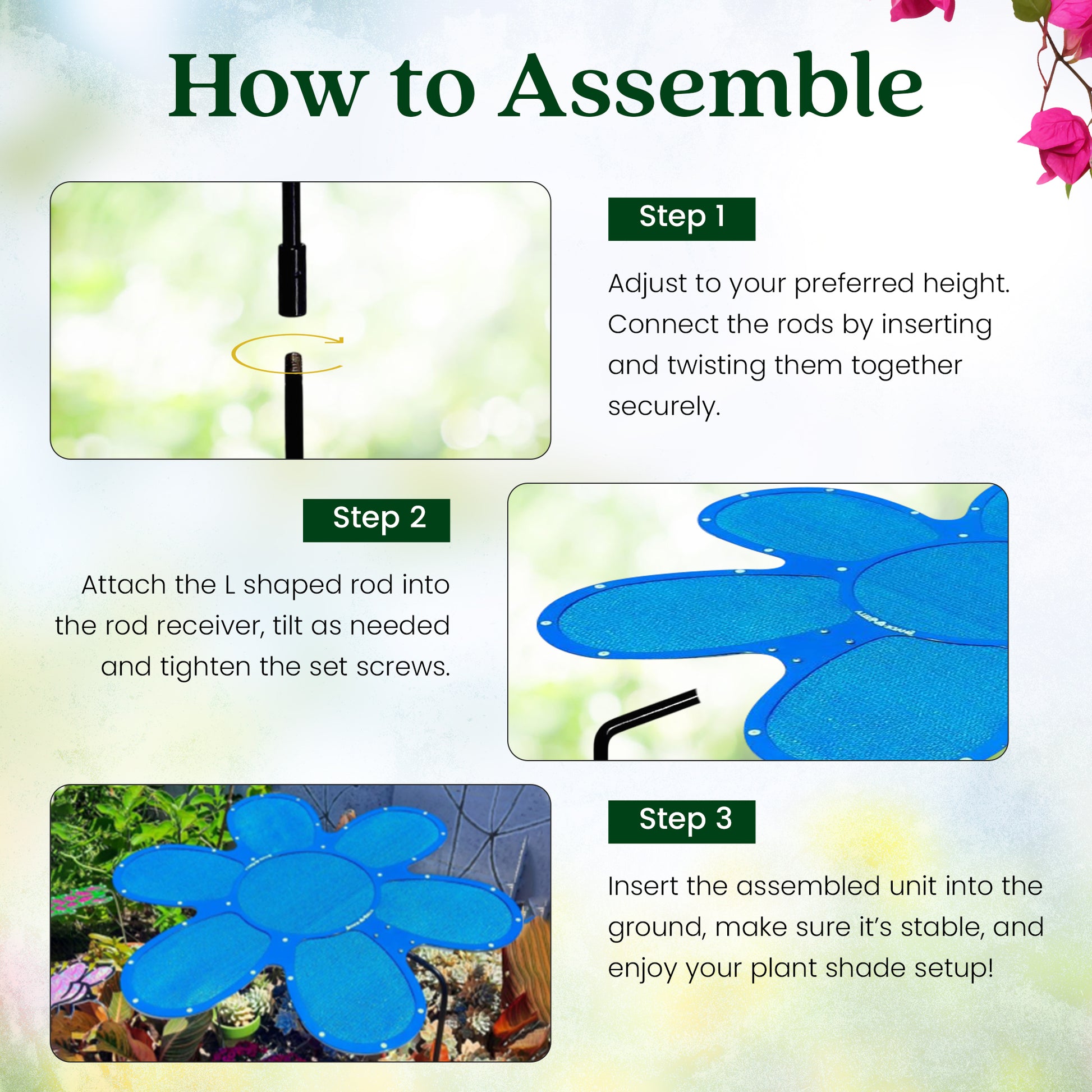 Instructional graphic: Three steps to assemble the Shade-A-Rella Super Sale!! 24 inch Flower, Dark blue frame with 86% blue cloth Plant Shade—connect rods, attach L-shaped rod, then insert and secure unit in ground.