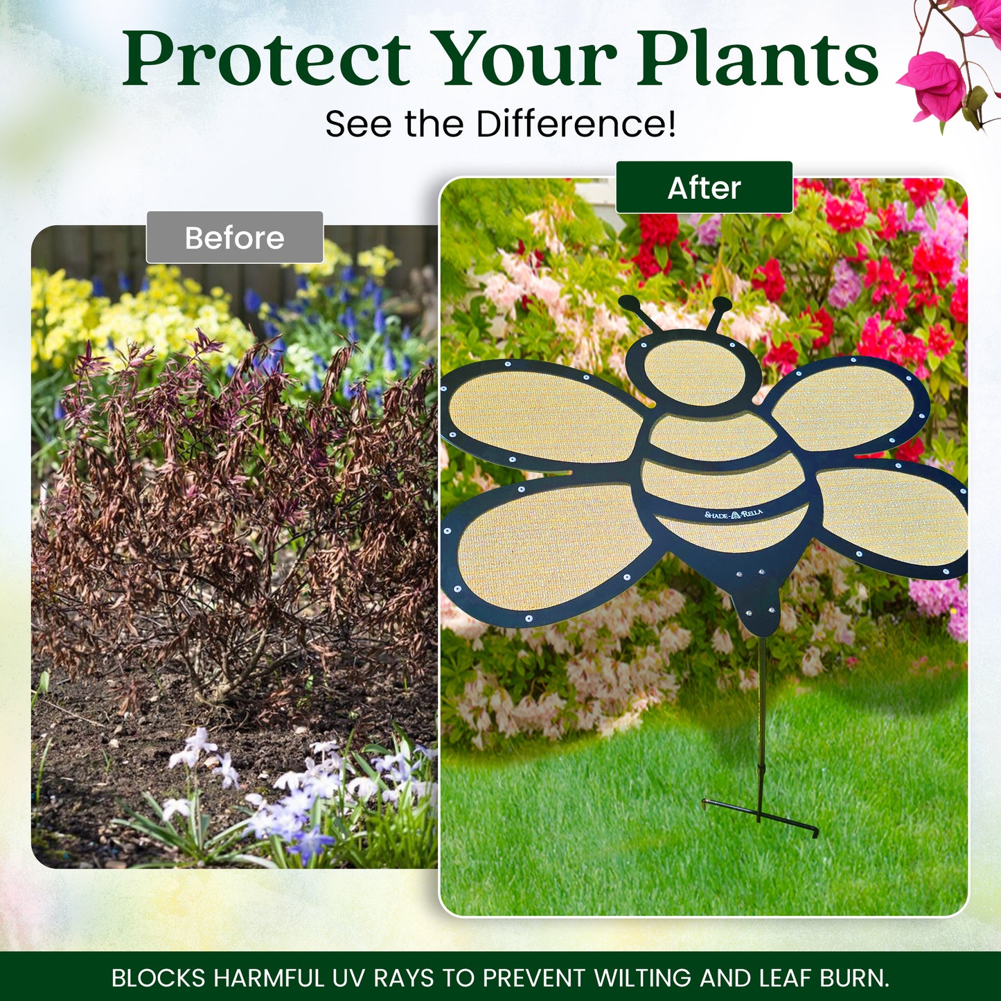 Side-by-side images of a garden bed: wilted plants labeled Before, and healthy, green ones under the Shade-A-Rella Super Sale! 24 inch Bee with black frame and light yellow 90% shade cloth labeled After, promoting UV protection.