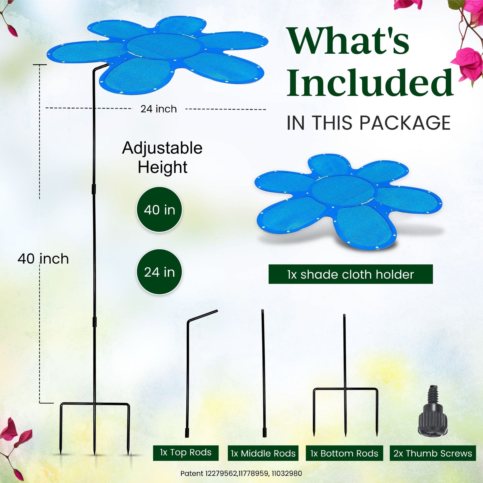The Shade-A-Rella Super Sale!! 24 inch Flower features a dark blue frame, 86% blue cloth plant shade, four metal rods, two black thumb screws, and an adjustable holder height from 24–40 inches for perfect shading.