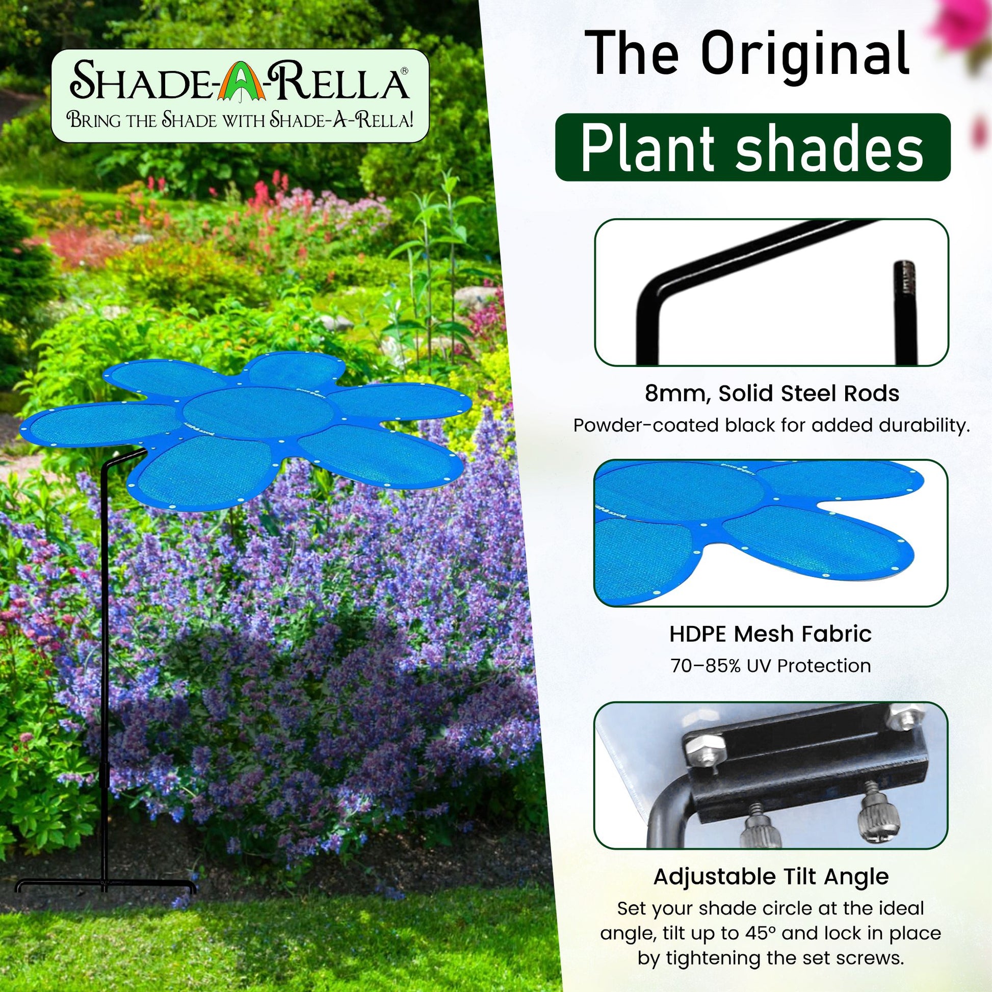 A Shade-A-Rella Super Sale!! 24 inch Flower plant umbrella features a dark blue frame, 86% blue HDPE shade cloth for UV protection, sturdy 8mm solid steel rods, and adjustable tilt. The logo appears at the top.