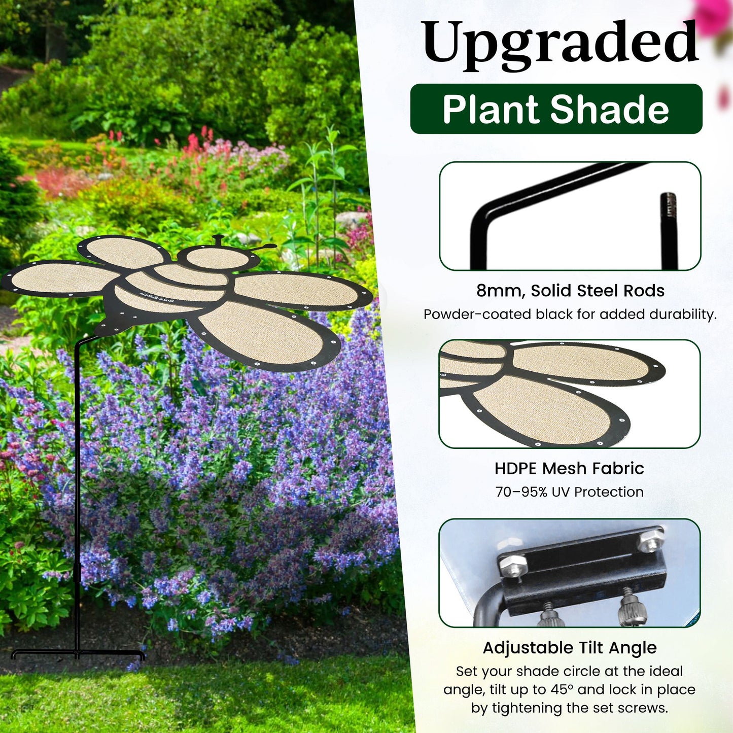 A Shade-A-Rella Super Sale! 24-inch Bee with black frame and light yellow 90% shade cloth stands in a garden. Inset images highlight its 8mm solid steel rods, HDPE fabric, and adjustable tilt angle.