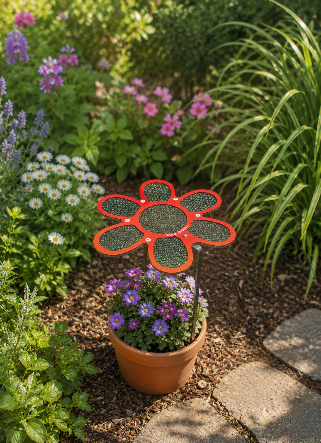 A garden scene features a Shade-A-Rella 7.5" small flower (red) on an 18" stainless rod in a pot with mulch, beneath green 90% shading cloth, surrounded by blooming flowers, greenery, and a stone pathway.
