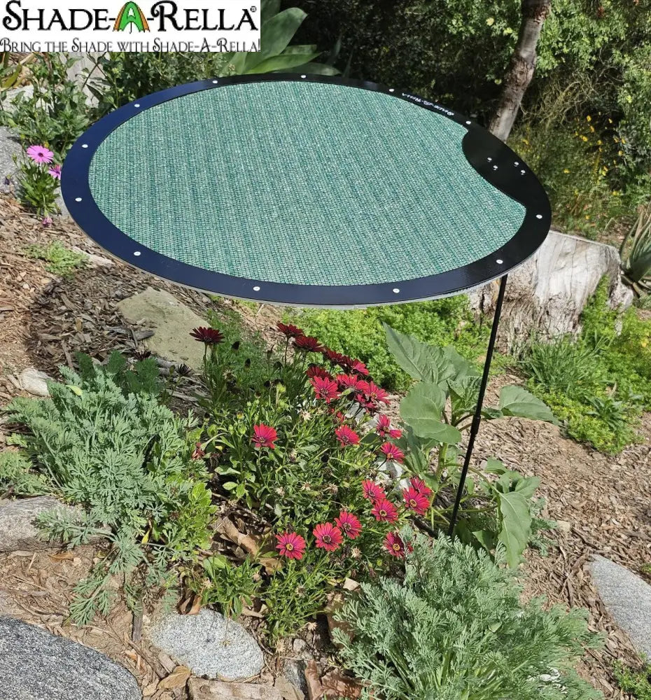 The Shade-A-Rella Circle Shade-A-Rella adjustable plant umbrella features a round green mesh disk with a powder-coated frame and steel shade holder, shading pink and purple flowers amid rocks, mulch, and lush plants.