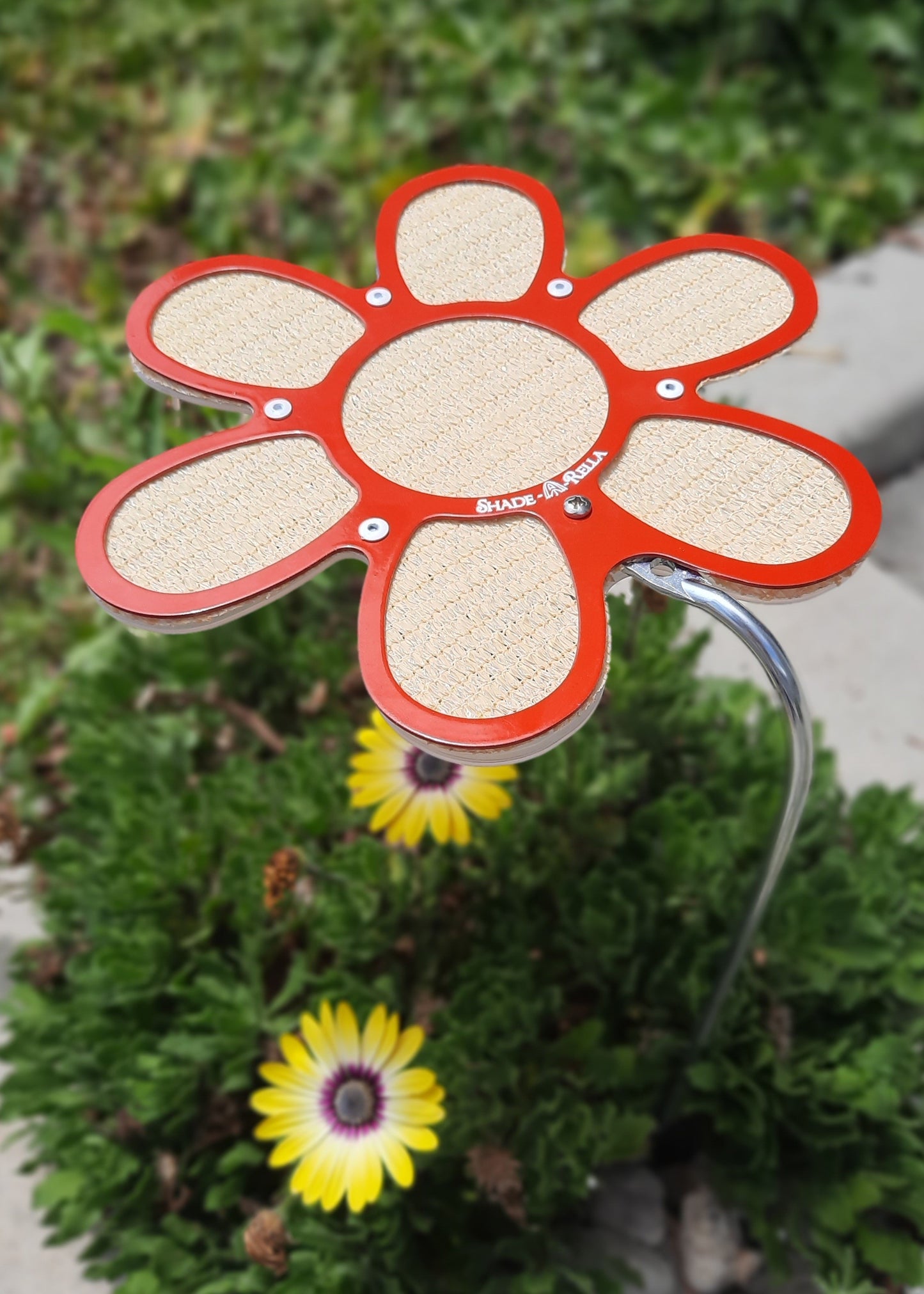 7.5" flower, small Red frame with Yellow 86% shade cloth