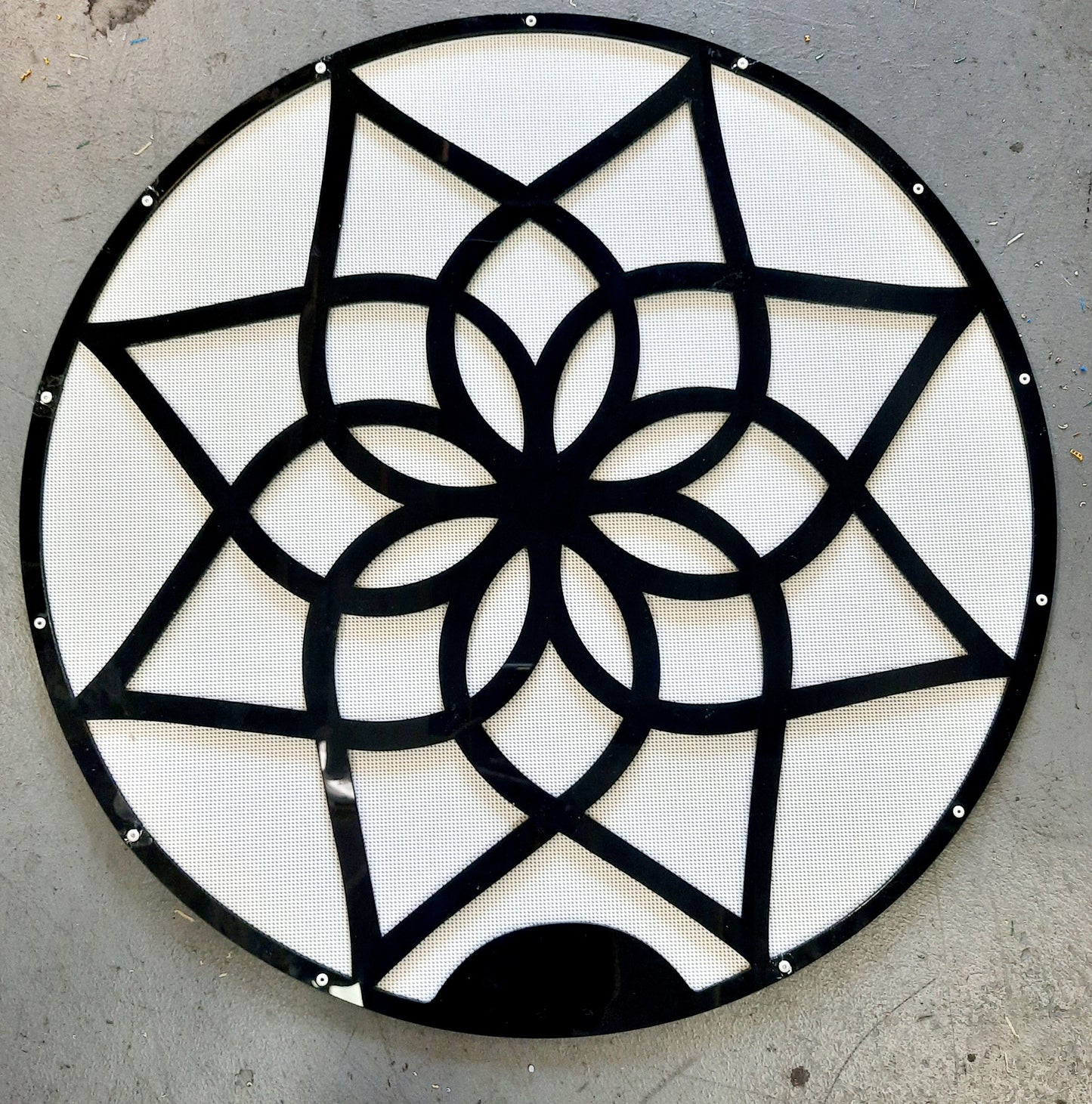 24" Mandala design, Black frame with white 70% shade cloth, plant shade
