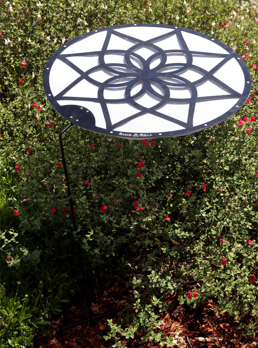 24" Mandala design, Black frame with white 70% shade cloth, plant shade