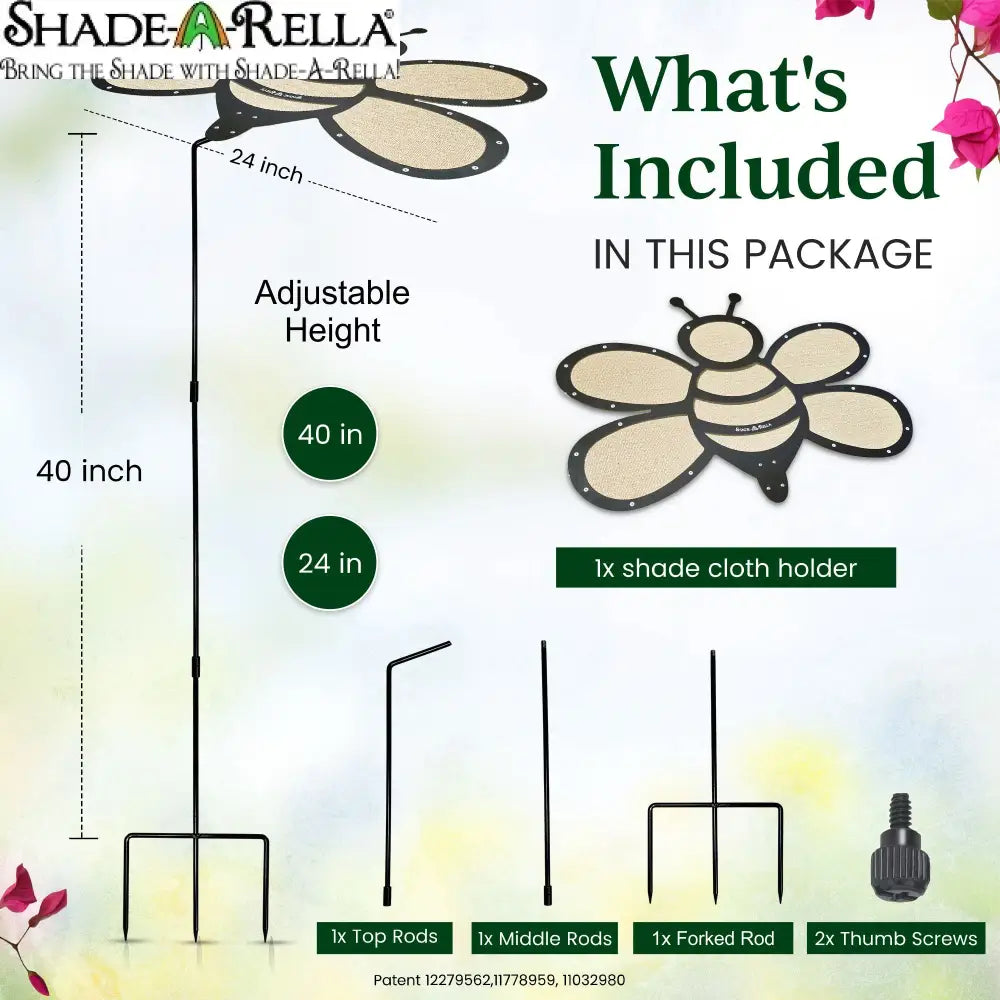 The Shade-A-Rella Super Sale! 24 inch Bee features a black frame, light yellow 90% shade cloth, and adjustable height. Includes 1 top rod, 1 middle rod, 1 forked rod, 2 thumb screws, and a bee-shaped shade cloth holder.