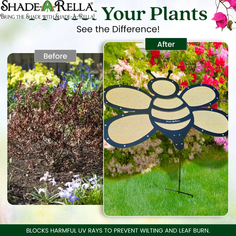 Side-by-side images of a garden bed: wilted plants labeled Before, and healthy, green ones under the Shade-A-Rella Super Sale! 24 inch Bee with black frame and light yellow 90% shade cloth labeled After, promoting UV protection.