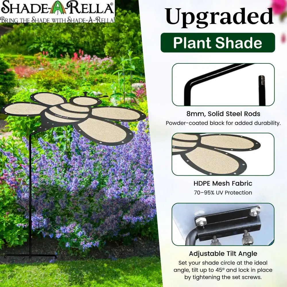 A Shade-A-Rella Super Sale! 24-inch Bee with black frame and light yellow 90% shade cloth stands in a garden. Inset images highlight its 8mm solid steel rods, HDPE fabric, and adjustable tilt angle.